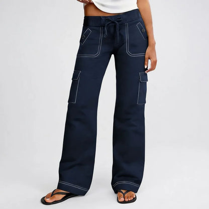 ⚡FINAL SALE⚡ Women's Wide Leg Cargo Pants - Stretchy Waist Casual Workwear with Contrast Stitching