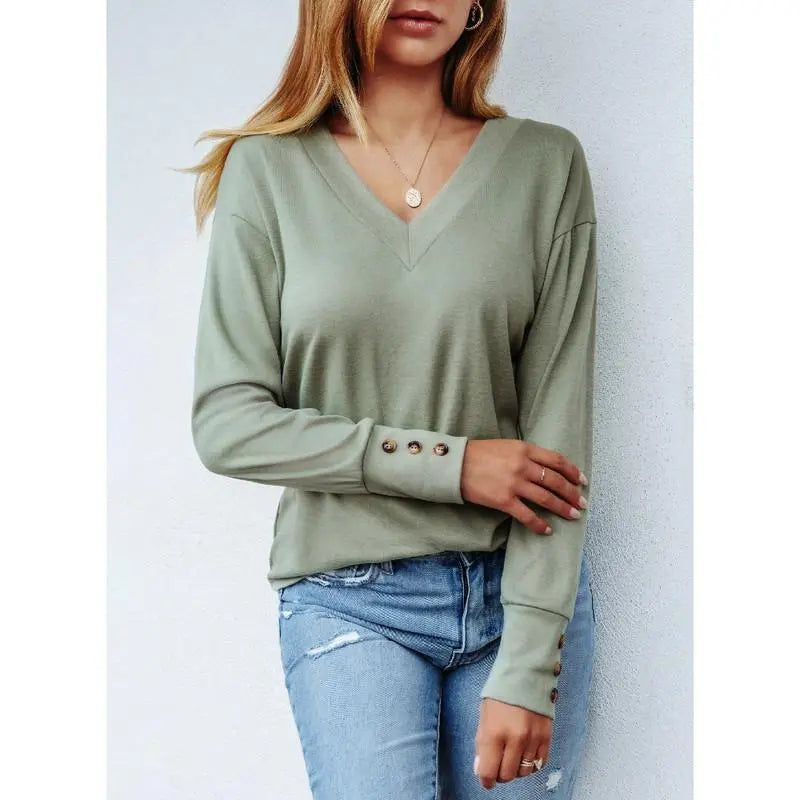 Women's Casual Long Sleeve V-Neck Pullover Shirts Loose Fit Lightweight Knit Tops