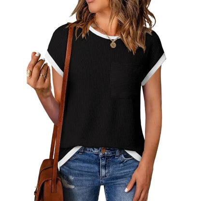 ❤️Women's Crewneck Short Sleeve Color Block Ribbed Knitwear Slim Fitted Blouses Tops