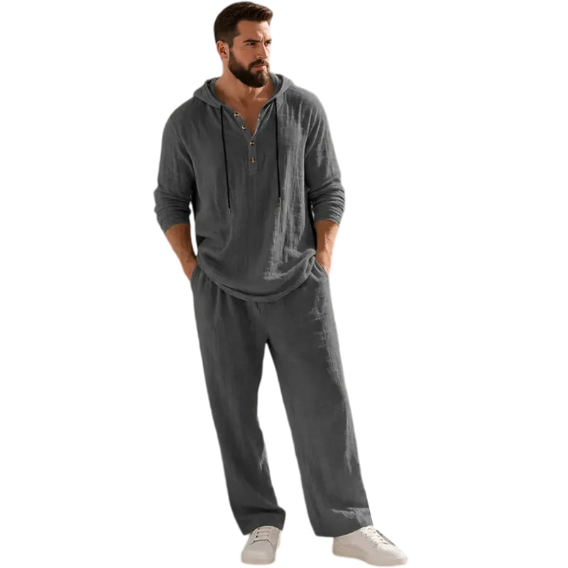 ⏰Clearance Sale⚡10-Sets Only $37.99 ⚡ Two-Piece Linen Set with Hooded Henley Top and Relaxed Trousers