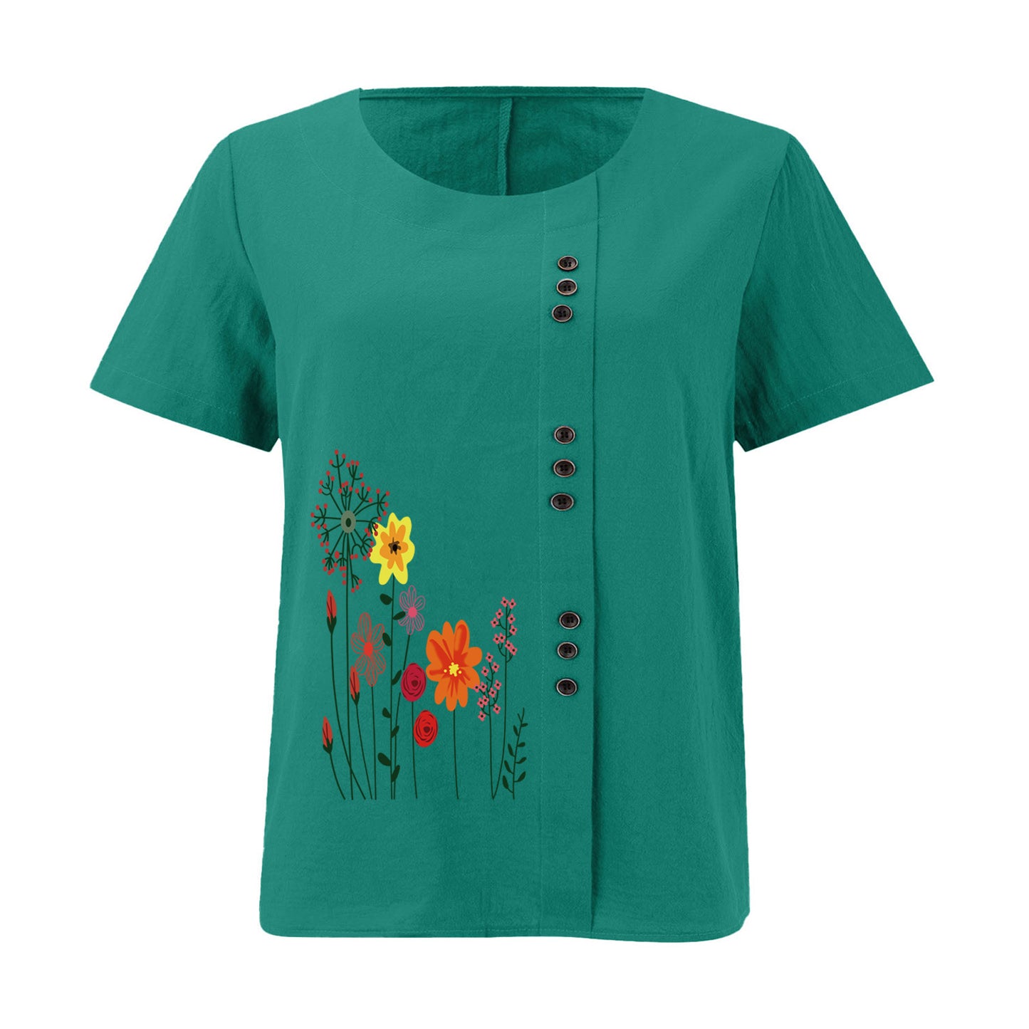 Women’s Floral Print Side Button Top – Casual Elegant Short Sleeve Blouse