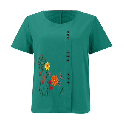 Women’s Floral Print Side Button Top – Casual Elegant Short Sleeve Blouse