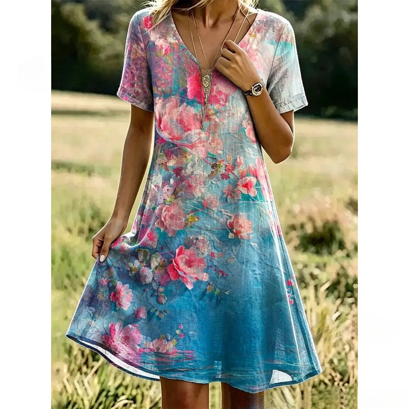 Women’s Boho Floral Print V-Neck Summer Dress – Lightweight Vacation Beach Midi Dress