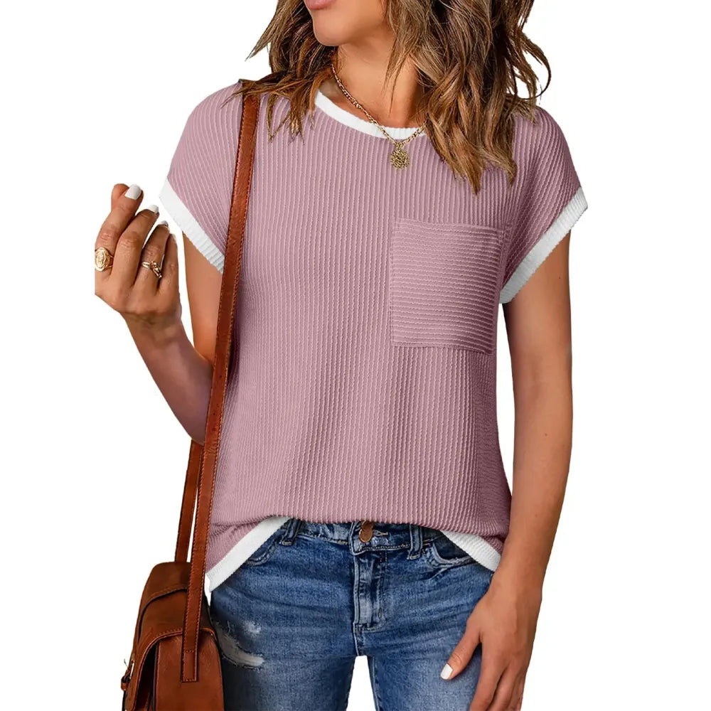 ❤️Women's Crewneck Short Sleeve Color Block Ribbed Knitwear Slim Fitted Blouses Tops