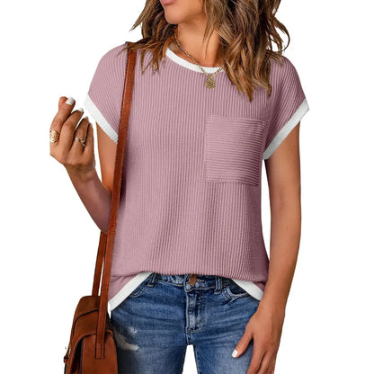 ❤️Women's Crewneck Short Sleeve Color Block Ribbed Knitwear Slim Fitted Blouses Tops
