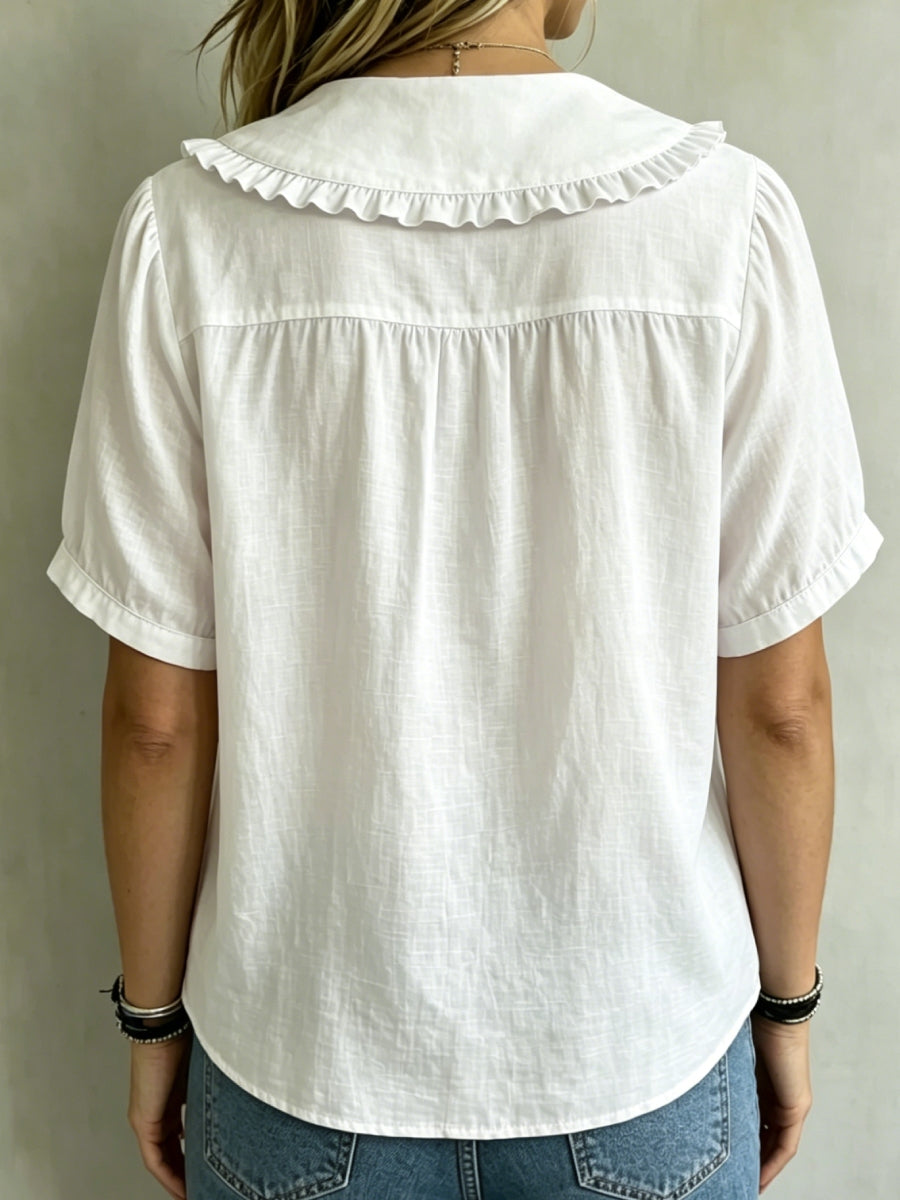 ⏰16-Pack Only $35👕 Women's Ruffle Trim Collared Button-Up Short Sleeve Shirt - Limited Stock Once They’re Gone, They’re Gone!