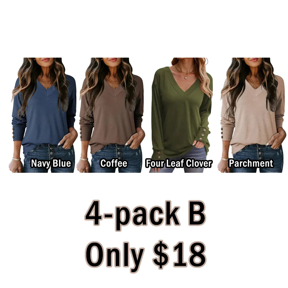 Women's Casual Long Sleeve V-Neck Pullover Shirts Loose Fit Lightweight Knit Tops