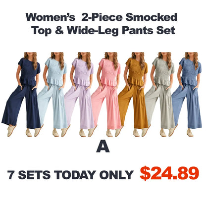 ⚡FINAL SALE⚡ Women’s  2-Piece Smocked Top & Wide-Leg Pants Set