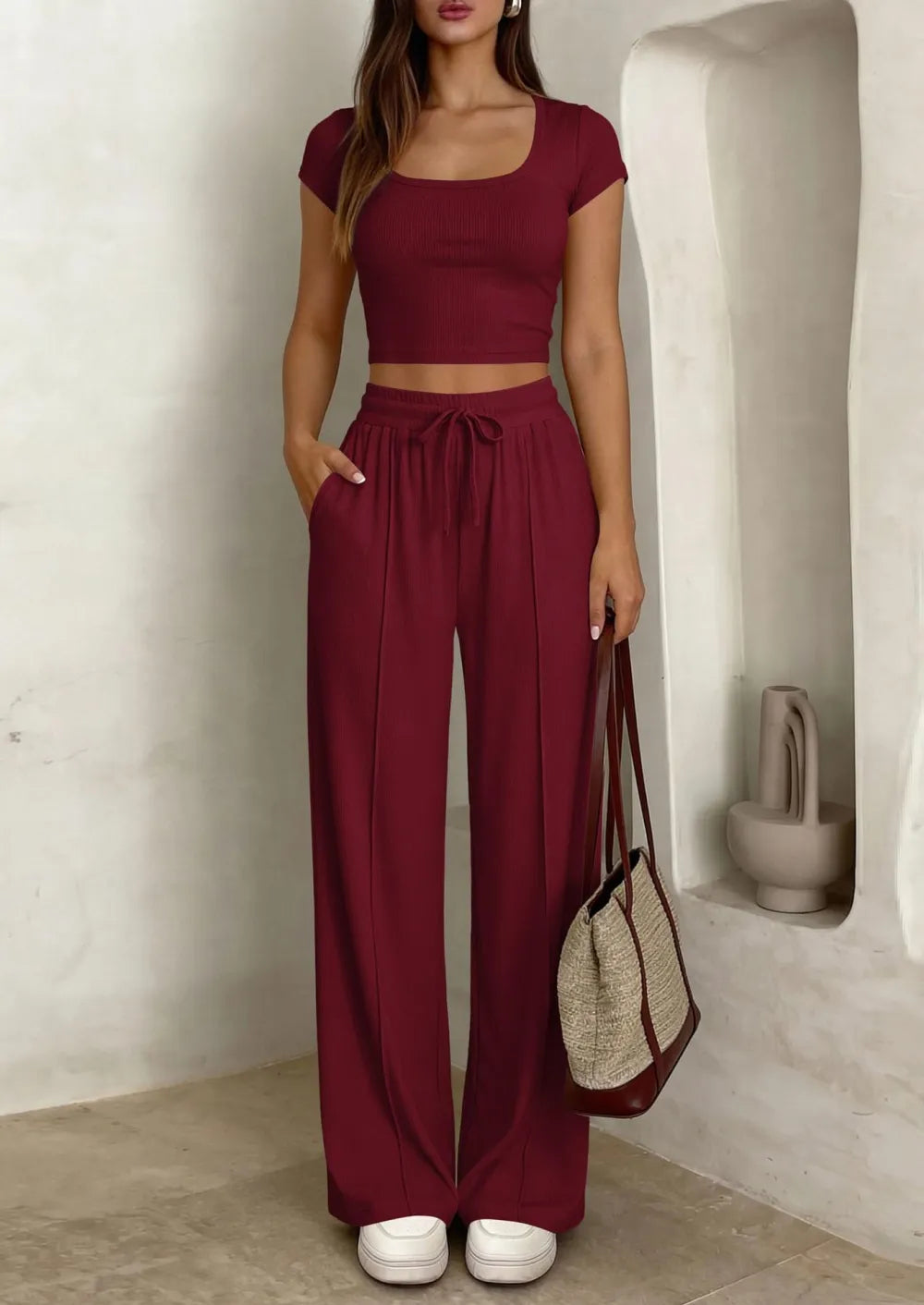 ⚡FINAL SALE⚡ Women's 2 Piece Outfits Square Neck Crop Top High Waist Wide Leg Pants Loungewear Set