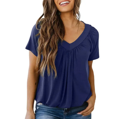 Women's Casual Summer Short Sleeve V-neck Tops T-shirts - Loose Fit & Comfortable Shirring Top