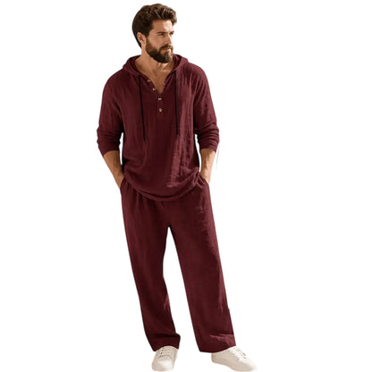 ⏰Clearance Sale⚡10-Sets Only $37.99 ⚡ Two-Piece Linen Set with Hooded Henley Top and Relaxed Trousers
