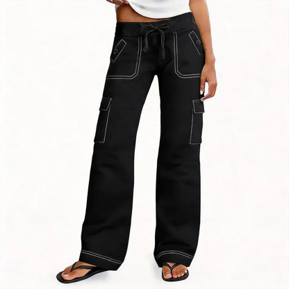 ⚡FINAL SALE⚡ Women's Wide Leg Cargo Pants - Stretchy Waist Casual Workwear with Contrast Stitching