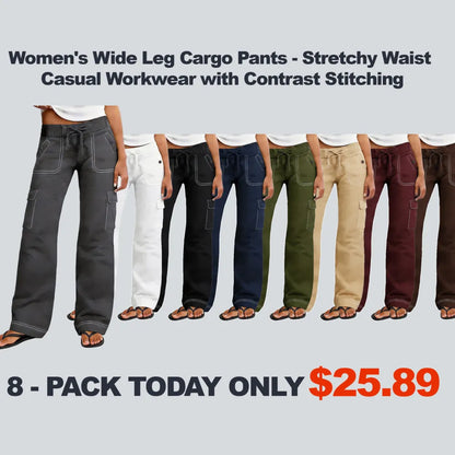 ⚡FINAL SALE⚡ Women's Wide Leg Cargo Pants - Stretchy Waist Casual Workwear with Contrast Stitching