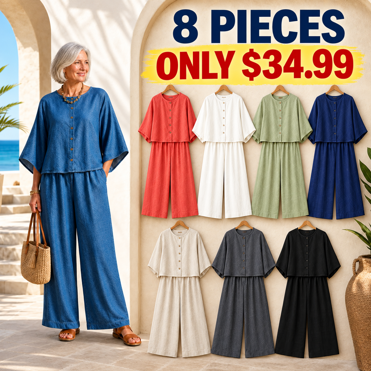 Two-Piece Multi-Pack Deal | Women's Relaxed Button-Front Top and Wide-Leg Pants Set