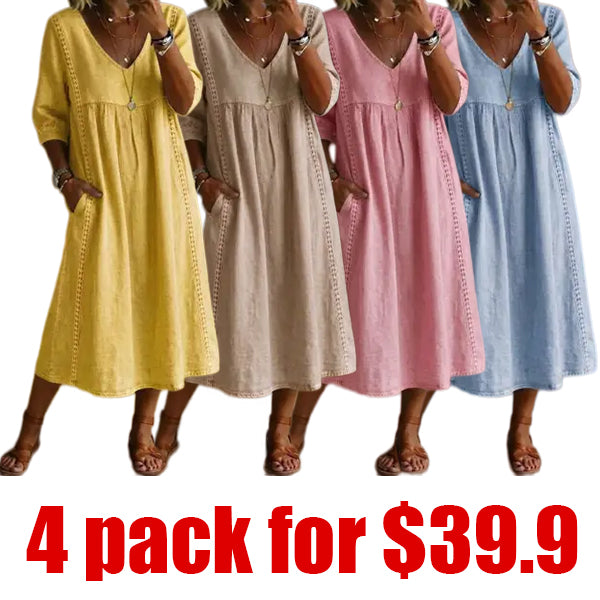 New Arrivals🔥Women's Casual Loose-fitting Patchwork Lace Trim Linen And Cotton Dress