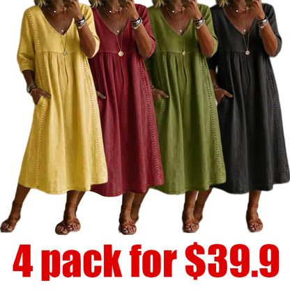 New Arrivals🔥Women's Casual Loose-fitting Patchwork Lace Trim Linen And Cotton Dress