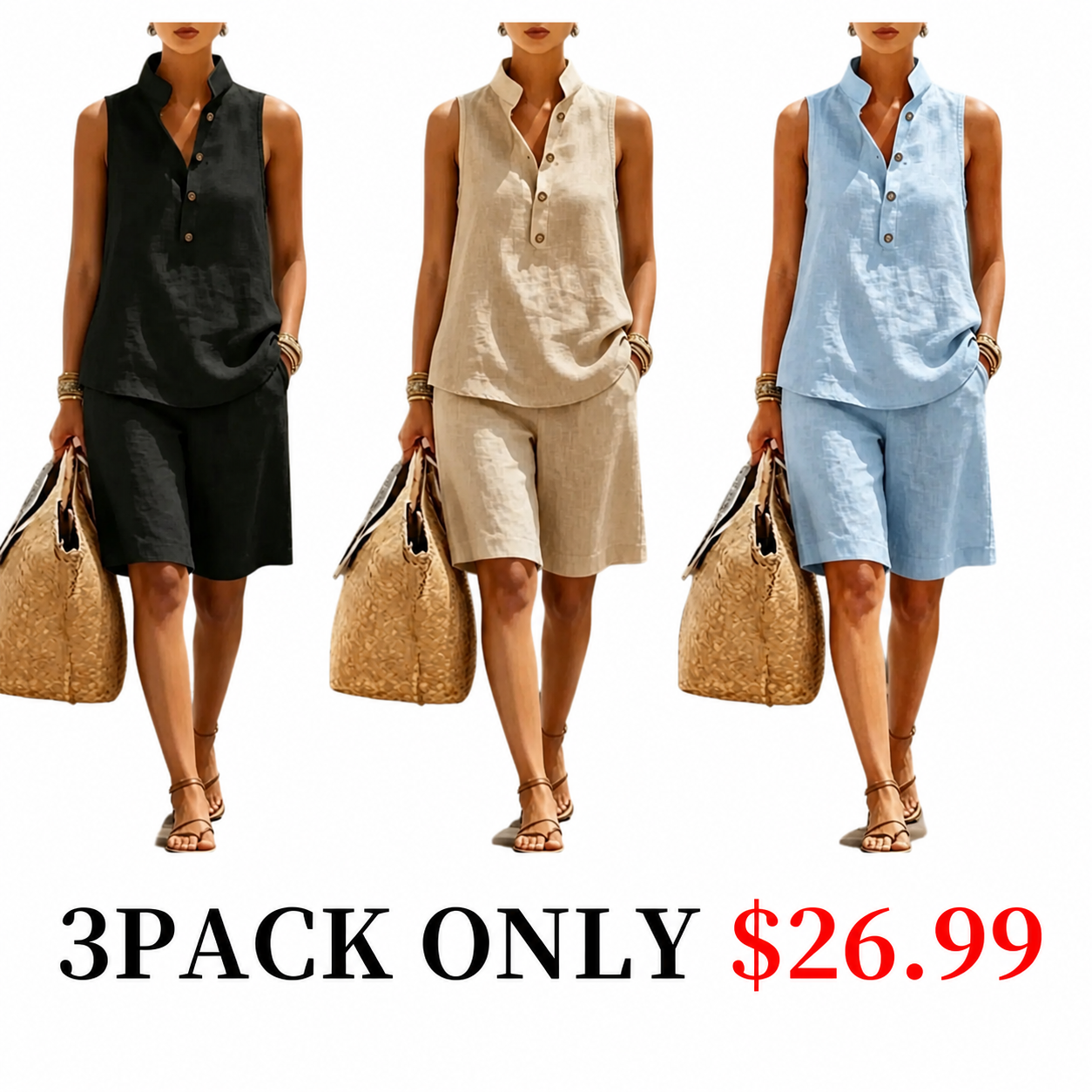 Casual And Comfortable Linen-cotton Sleeveless Top And Shorts Two-piece Set