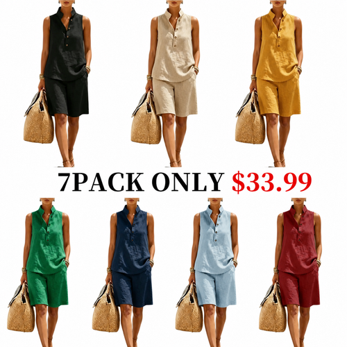 Casual And Comfortable Linen-cotton Sleeveless Top And Shorts Two-piece Set