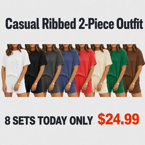 Women’s Ribbed Knit Lounge Set – Short Sleeve Top & High Waist Shorts