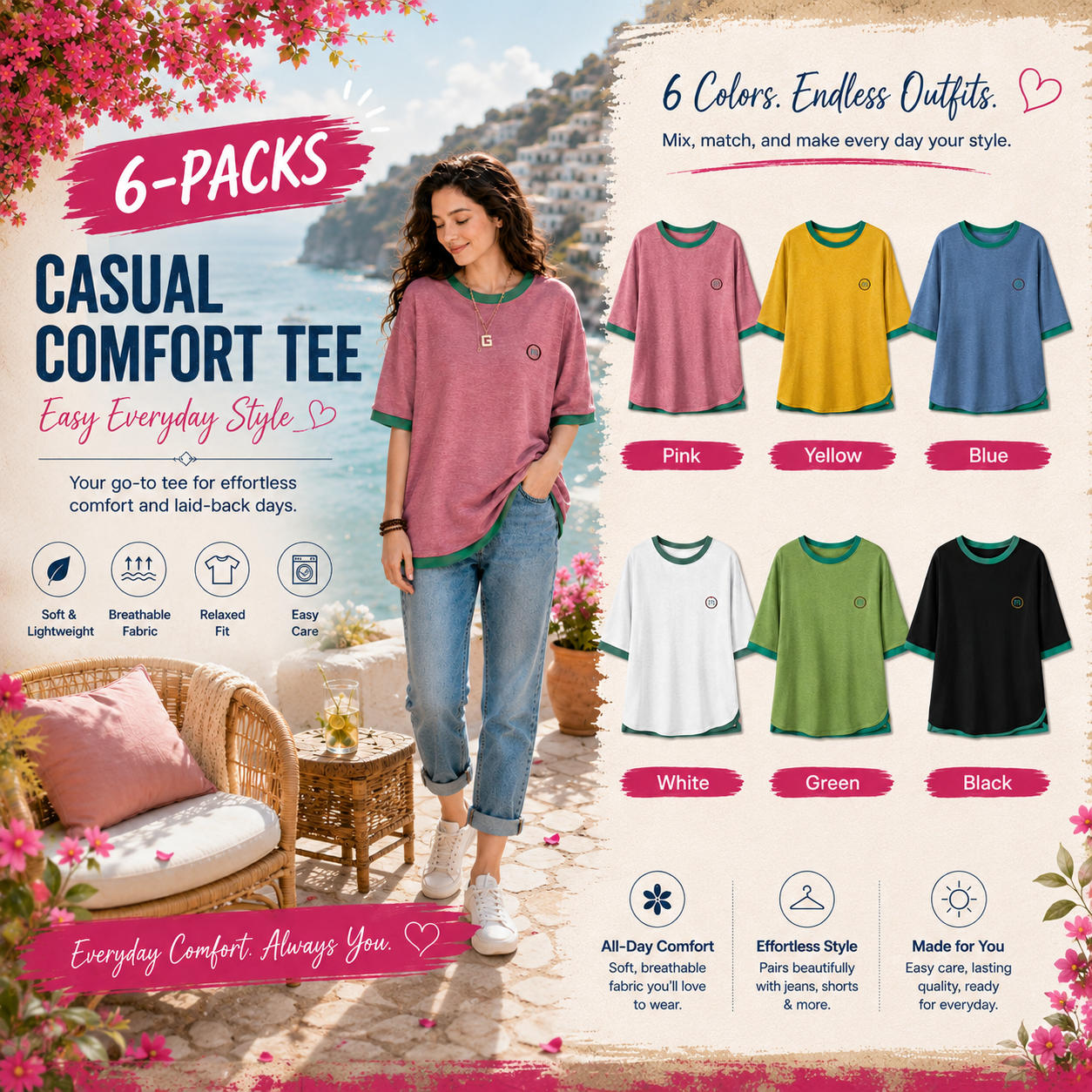 Women's Relaxed Fit Contrast Neck Tee