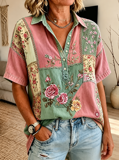 Boho Floral Patchwork Shirt for Women | Relaxed Summer Top