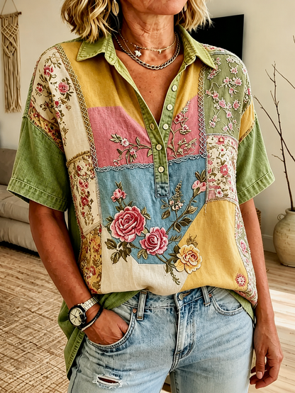 Boho Floral Patchwork Shirt for Women | Relaxed Summer Top