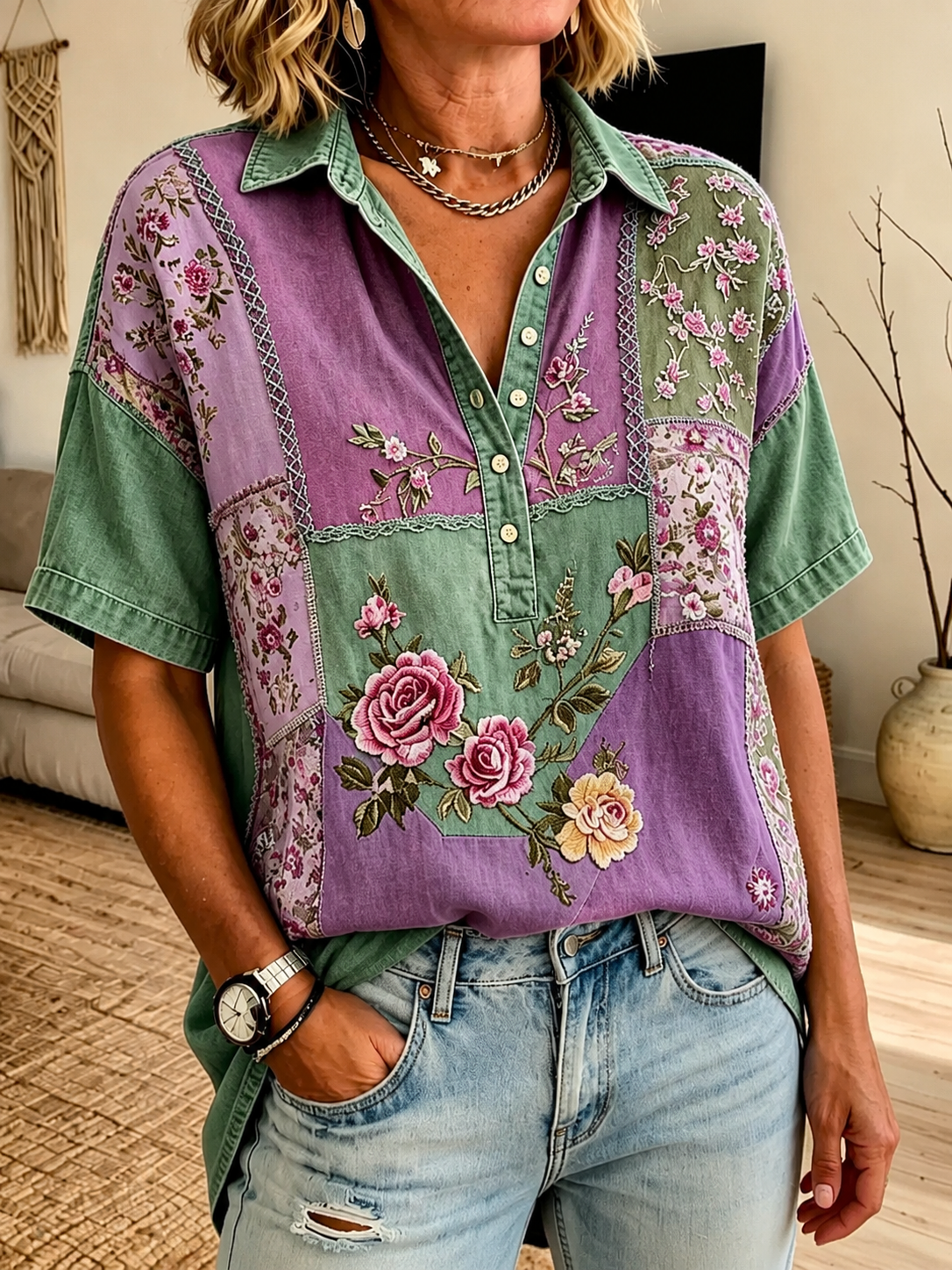 Boho Floral Patchwork Shirt for Women | Relaxed Summer Top