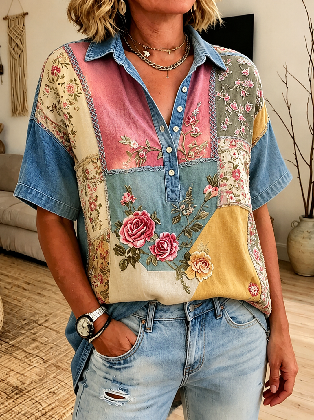 Boho Floral Patchwork Shirt for Women | Relaxed Summer Top