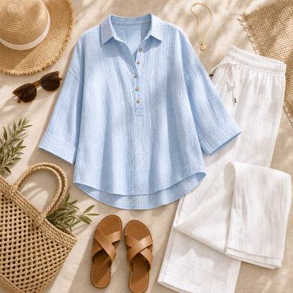 ⏰Warehouse Clearance⚡12-Pack for $36.99⚡Women's Linen-Gauze Button Placket Collared Blouses
