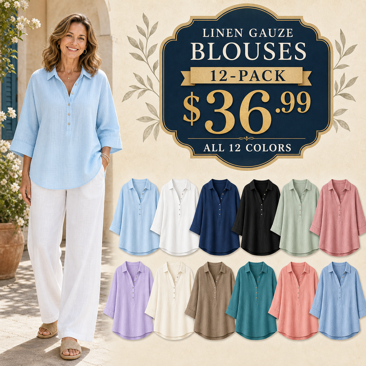 ⏰Warehouse Clearance⚡12-Pack for $36.99⚡Women's Linen-Gauze Button Placket Collared Blouses
