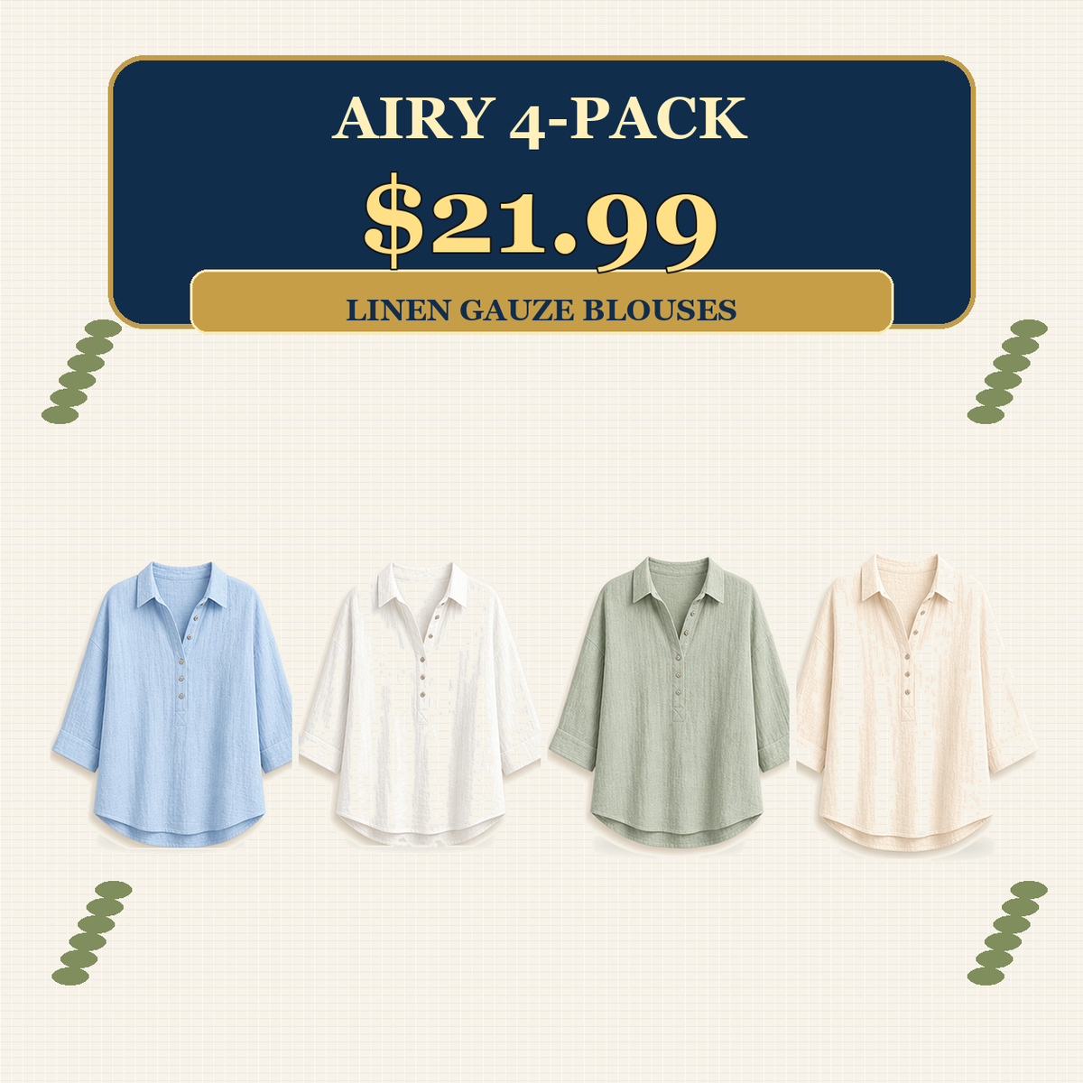 ⏰Warehouse Clearance⚡12-Pack for $36.99⚡Women's Linen-Gauze Button Placket Collared Blouses