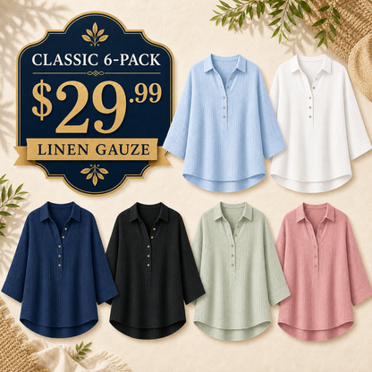 ⏰Warehouse Clearance⚡12-Pack for $36.99⚡Women's Linen-Gauze Button Placket Collared Blouses