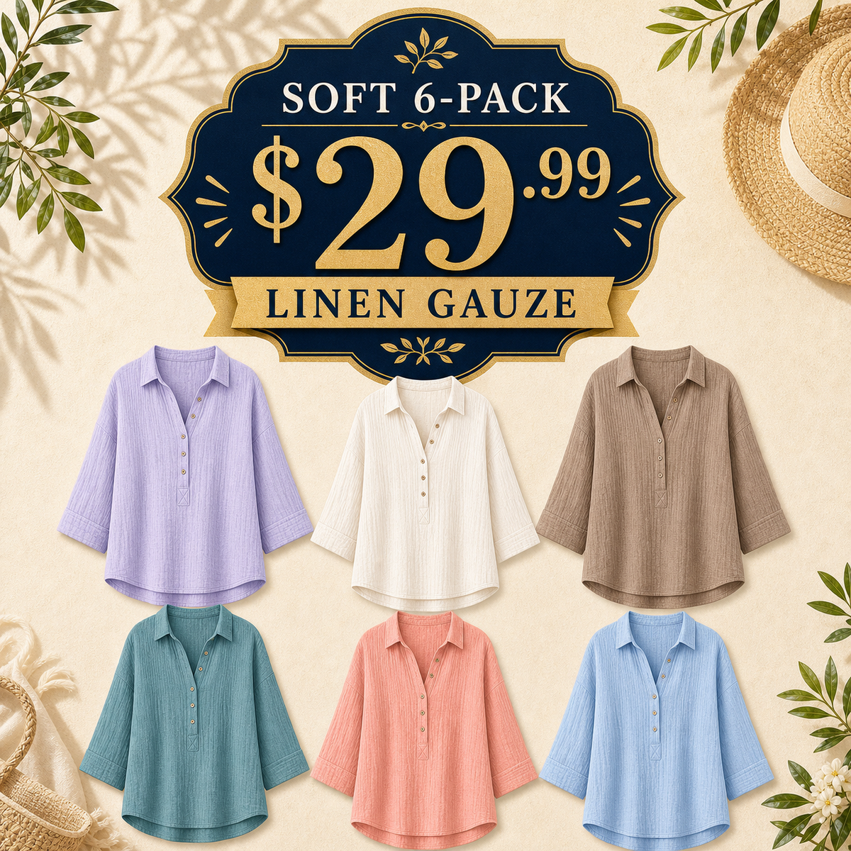 ⏰Warehouse Clearance⚡12-Pack for $36.99⚡Women's Linen-Gauze Button Placket Collared Blouses