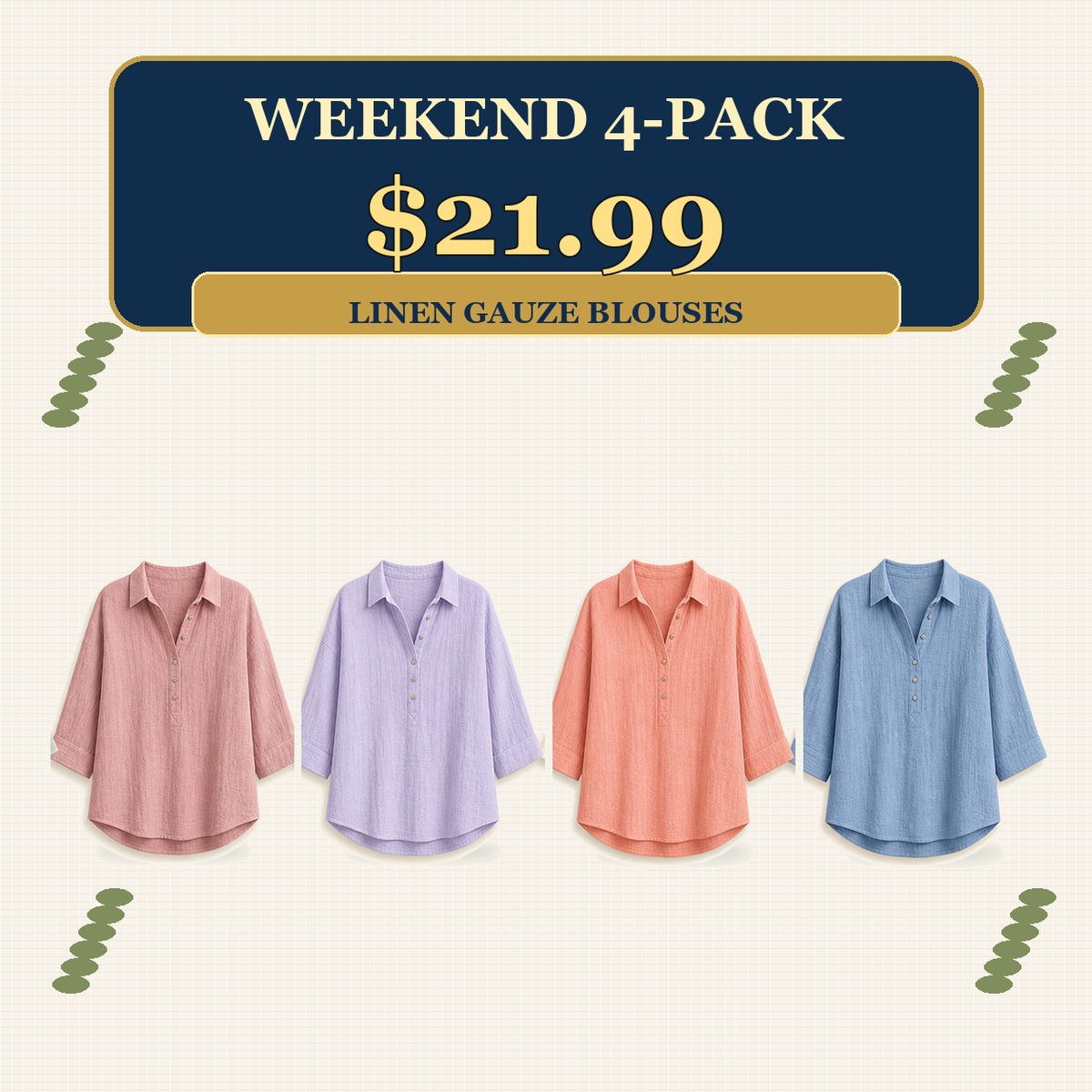⏰Warehouse Clearance⚡12-Pack for $36.99⚡Women's Linen-Gauze Button Placket Collared Blouses
