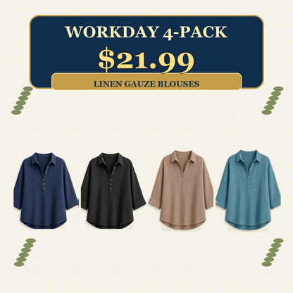 ⏰Warehouse Clearance⚡12-Pack for $36.99⚡Women's Linen-Gauze Button Placket Collared Blouses