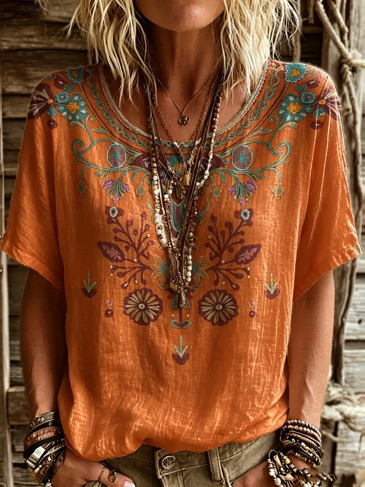 Women’s Floral Embroidery-Look Short Sleeve Top