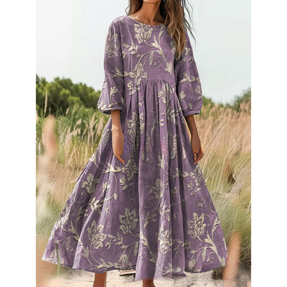Women's Vintage Floral Print Loose Maxi Dress – Casual 3/4 Sleeve Boho Long Dress