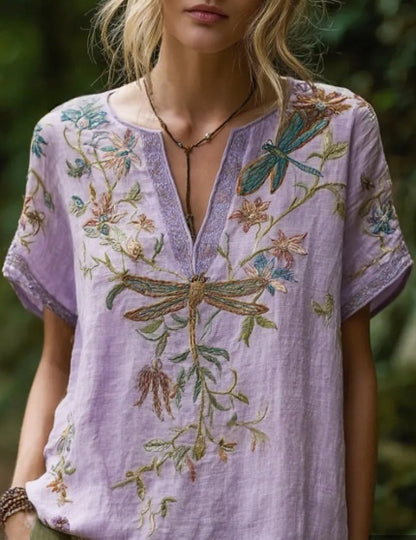 Comfortable and trendy women's clothing, Bohemian style V-neck short-sleeved T-shirt
