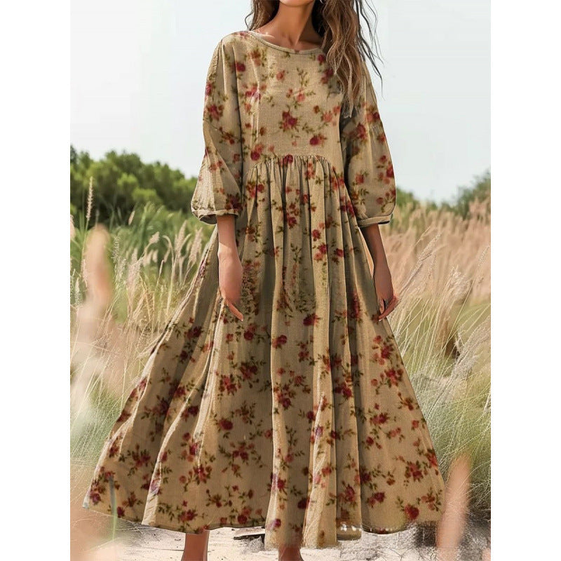 Women's Vintage Floral Print Loose Maxi Dress – Casual 3/4 Sleeve Boho Long Dress