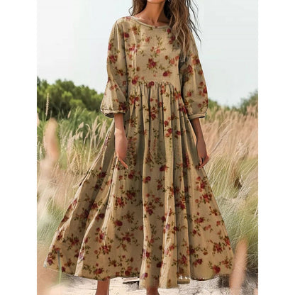 Women's Vintage Floral Print Loose Maxi Dress – Casual 3/4 Sleeve Boho Long Dress