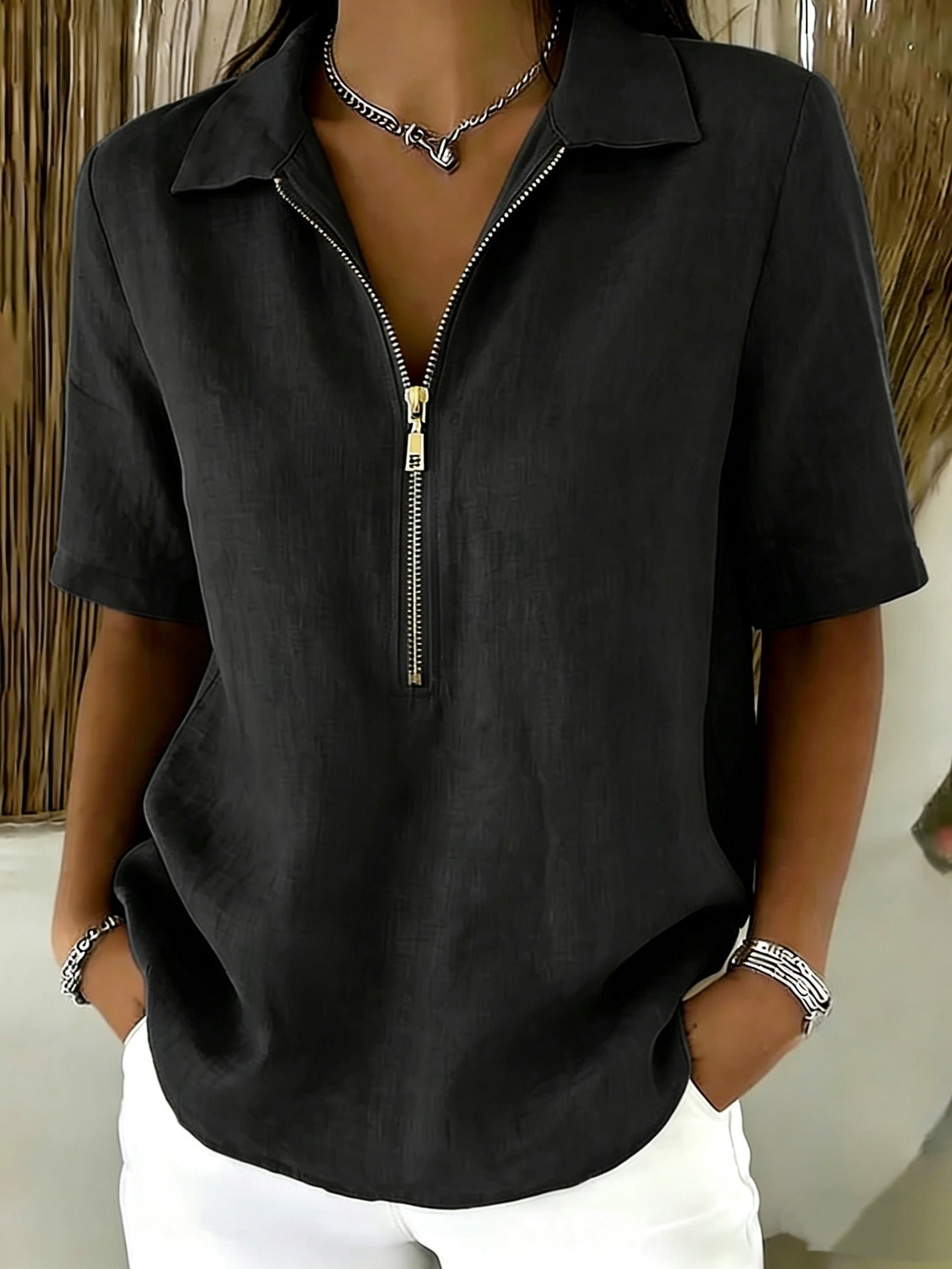 Women's Casual Half-Zip Collared Blouse – Lightweight Relaxed Fit Short Sleeve Top