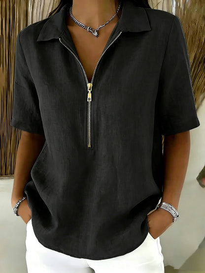 Women's Casual Half-Zip Collared Blouse – Lightweight Relaxed Fit Short Sleeve Top