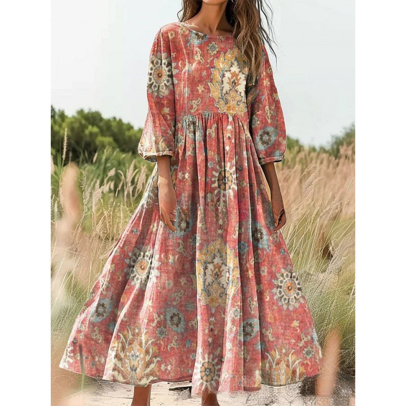 Women's Vintage Floral Print Loose Maxi Dress – Casual 3/4 Sleeve Boho Long Dress