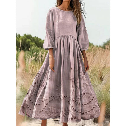 Women's Vintage Floral Print Loose Maxi Dress – Casual 3/4 Sleeve Boho Long Dress