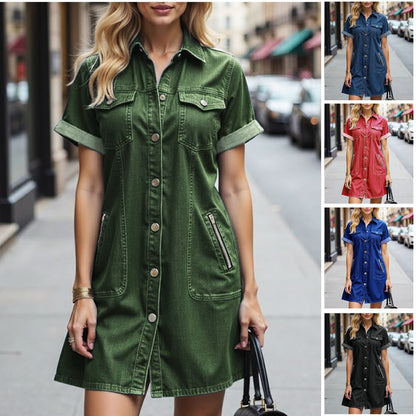 Women’s Casual Washed Denim Shirt Dress with Pockets