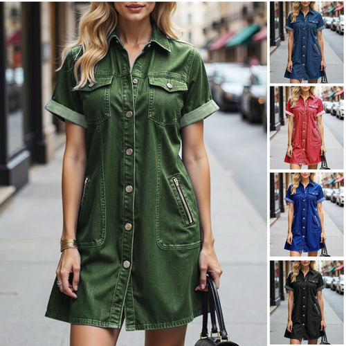 Women’s Casual Washed Denim Shirt Dress with Pockets