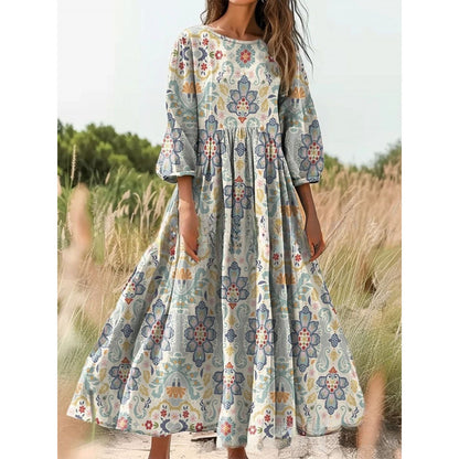 Women's Vintage Floral Print Loose Maxi Dress – Casual 3/4 Sleeve Boho Long Dress