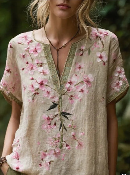 Comfortable and trendy women's clothing, Bohemian style V-neck short-sleeved T-shirt