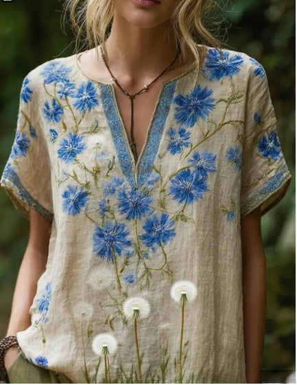 Comfortable and trendy women's clothing, Bohemian style V-neck short-sleeved T-shirt
