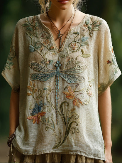 Comfortable and trendy women's clothing, Bohemian style V-neck short-sleeved T-shirt